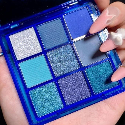 Go Ho 9 Style Blue Grey White Powder Makeup Eyeshadow Palette,Matte & Pearl Shimmer Design Waterproof Cool Blue Eye Eyeshadow Palette for Women&Girls