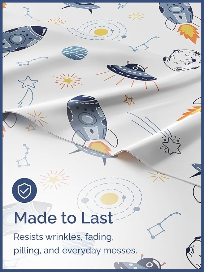 Kids Twin Size Bed Sheet Set - 3 Piece Kids Loft Bed Sheets - Space Galaxy Theme bedding - Soft, Cute - Breathable and Machine Washable - Spaceship Rocket Bed Set for Boys, Girls, Teens and Toddlers