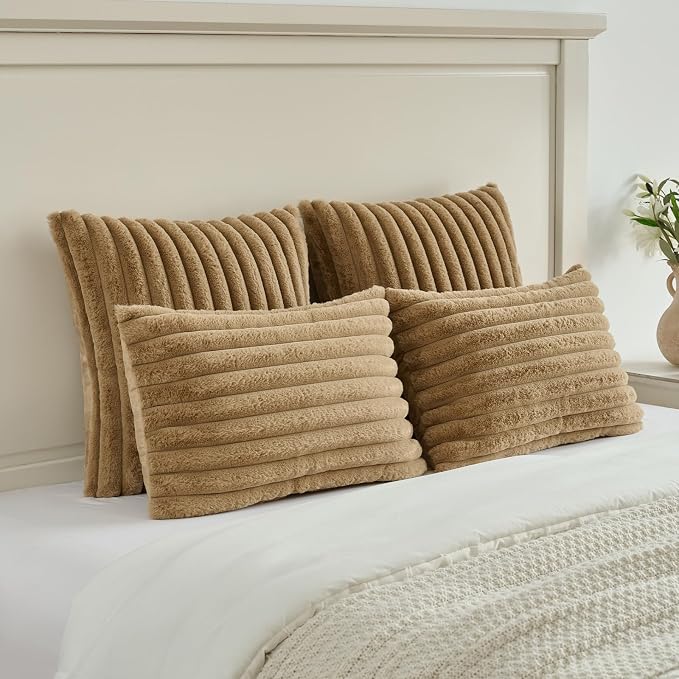 FUTEI Pack of 2 Faux Fur Throw Pillow Covers 22x22 Inch, Camel | Fluffy Faux Rabbit Fur Front/Premium Velvet Back,Hidden Zipper,Machine Washable,Non-Shedding,Colorfast,Insert Not Included.