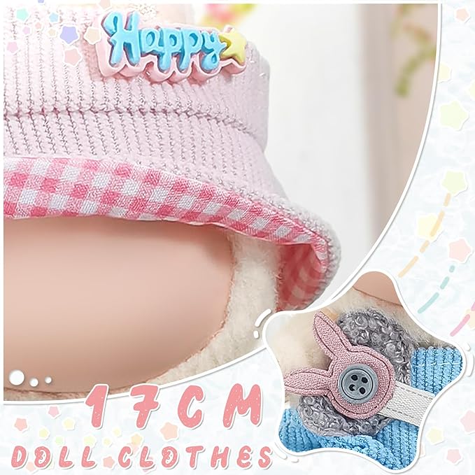 Doll Clothes for 17cm Dolls, Cute Outfit Set with Accessories, Bucket Hat and Overalls (No Doll) (Pink Blue Overalls Set)