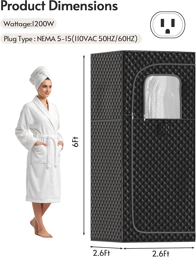 Portable Steam Sauna at Home 1 Person, Low EMF 1200W Fast Heating Sauna Box, Indoor Dry Sauna with Foldable Chair for Home, Gym (2.6Lx2.6Wx6H Ft)