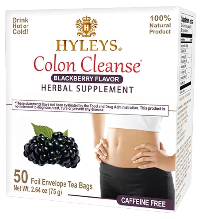 HYLEYS Colon Cleanse Tea, Blackberry Flavor - 50 Individually Wrapped Herbal Tea Bags - Caffeine Free, Gluten Free