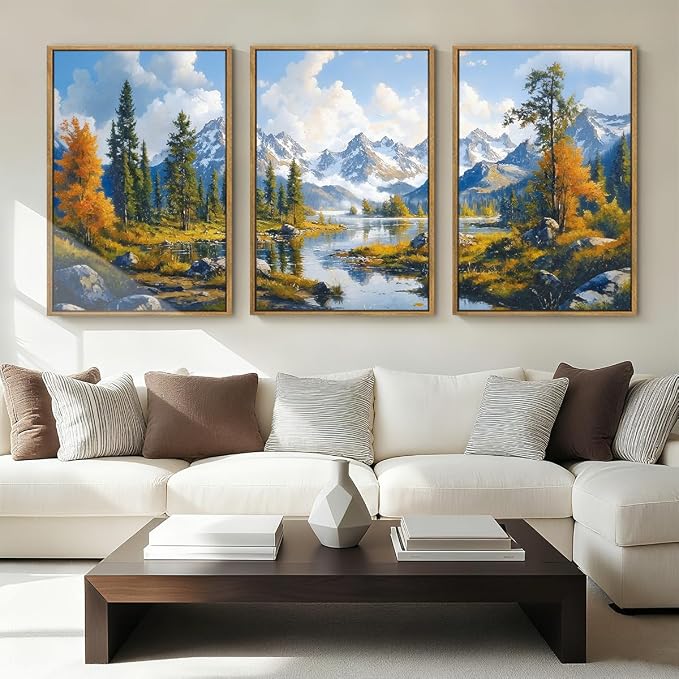 BINCUE Framed Mountain Landscape Wall Art Nature Forest Wall Decor Tree and River Art Print for Living Room Bedroom Office 16x24 Inches Set of 3