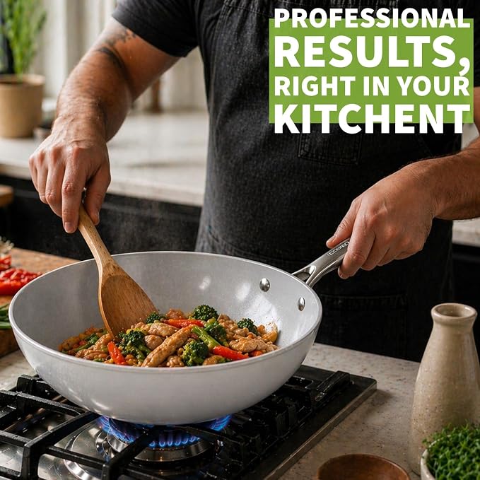 TECHEF - CeraTerra 12" Ceramic Nonstick Flat Bottom Wok/Stir-Fry Pan - PFOA, PTFE, PFAS Free, Dishwasher and Oven Safe, Made in Korea (12-in)