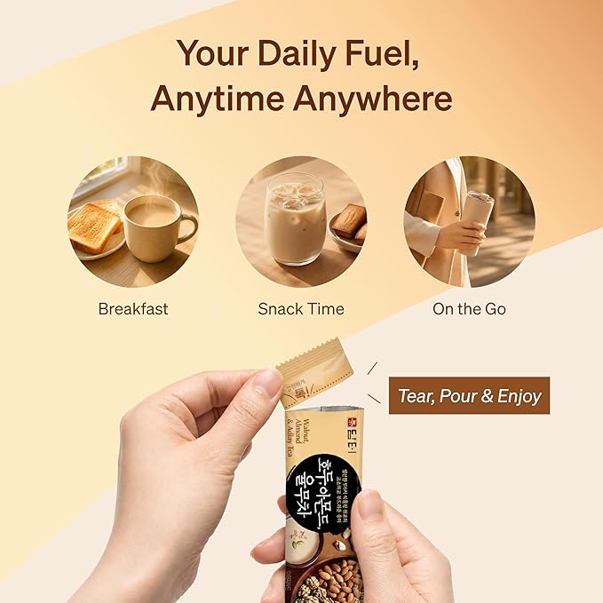 Damtuh Walnut Almond Adlay Tea Drink Mix – Korean Yulmu Cha (Job’s Tears) Roasted Grain & Nut Latte-Style Powder with Crunchy Nut Bits, Caffeine-Free, 18g x 50 Sticks
