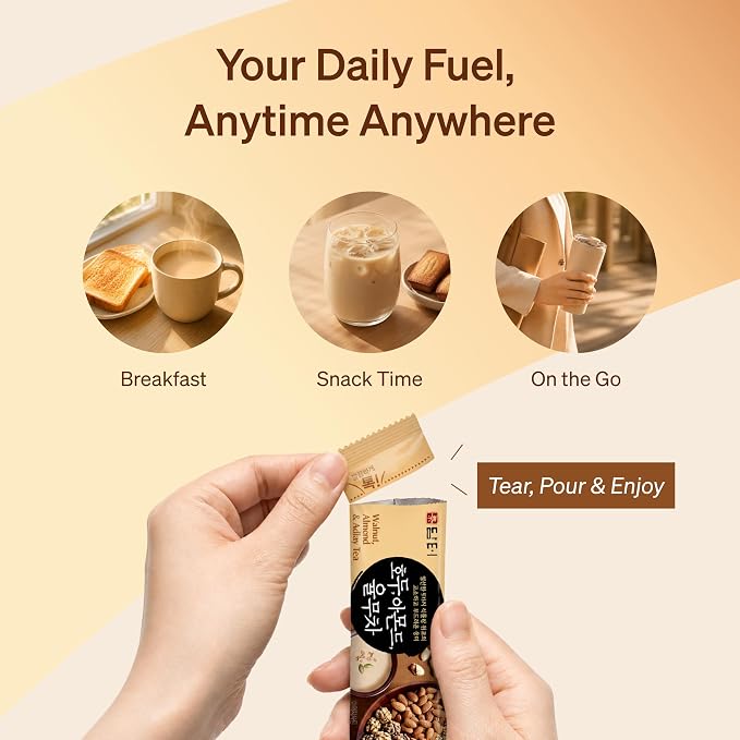Damtuh Walnut Almond Adlay Tea Drink Mix – Korean Yulmu Cha (Job’s Tears) Roasted Grain & Nut Latte-Style Powder with Crunchy Nut Bits, Caffeine-Free, 18g x 15 Sticks