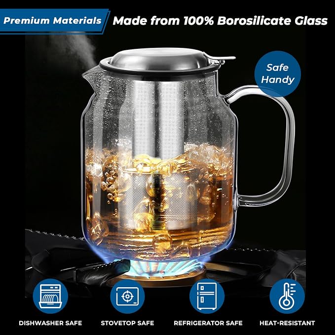 Aquach 68oz Glass Teapot with Stainless Steel Removable Infuser, Stovetop & Dishwasher Safe, Perfect for Brewing Loose Leaf Tea