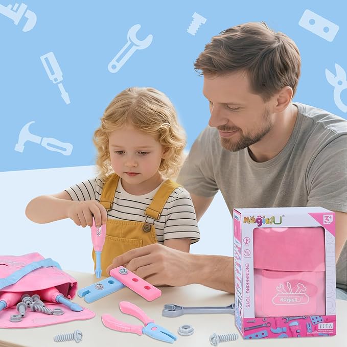 Magic4U Kids Tool Set with Tool Bag & Tape Measure, Toddler Tool Set Pretend Play Construction Toys,Ideal Birthday for Kids Age 3-6 Years Old (Pink)
