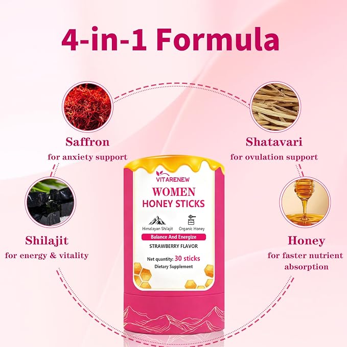 Shilajit Honey Sticks for Women with Shatavari & Saffron | 75%+ Fulvic Acid & 85+ Trace Minerals for Hormonal Balance, Energy, Focus & Stamina | Strawberry Flavor, 30 Count.
