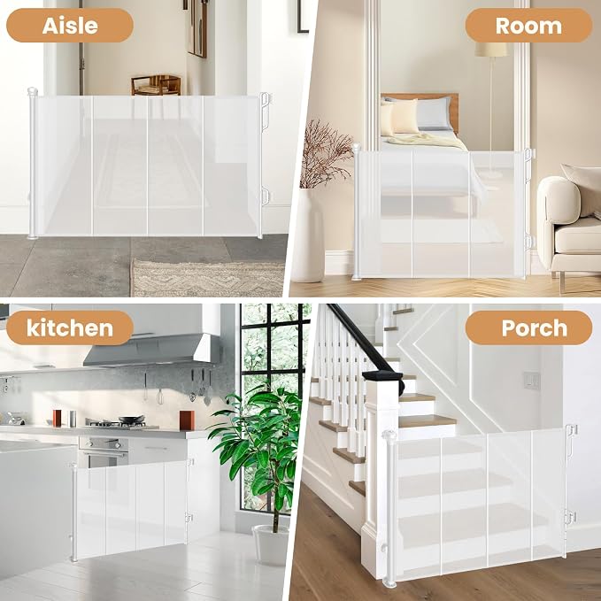 SPACEANY Reinforced Retractable Baby Gate or Mesh Dog Gate,Easy to Use for Stairs, Doorways, Hallways, Indoor, Outdoor, Wide Pet Gate 33.5" Tall, Extends to 55" Wide, White