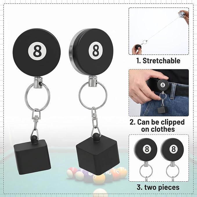 2 Pcs Billiard Chalk Holder, Retractable Cue Chalk Holder with Belt Clip - Billiards Accessories (Black & Silver, Silicone+ABS+Iron)
