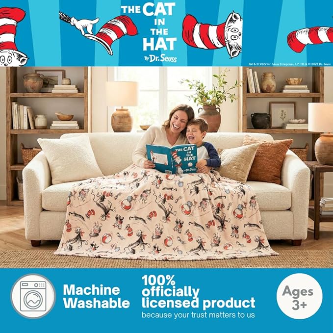 Cat in The Hat by Dr. Seuss Book Throw, Kids Super Soft Plush Cozy Throw Blanket, 60 in x 70 in, (Officially Licensed Product) by Franco