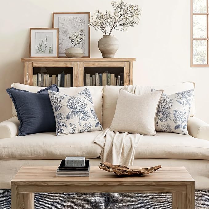 Set of 2 Decorative Floral Pillow Covers 16x16 Inch Light Blue | Neutral Hydrangea Print, Boho Vintage Throw Cushion Covers, Cottagecore Home Decor, for Sofa Couch Porch Bedroom Living Room