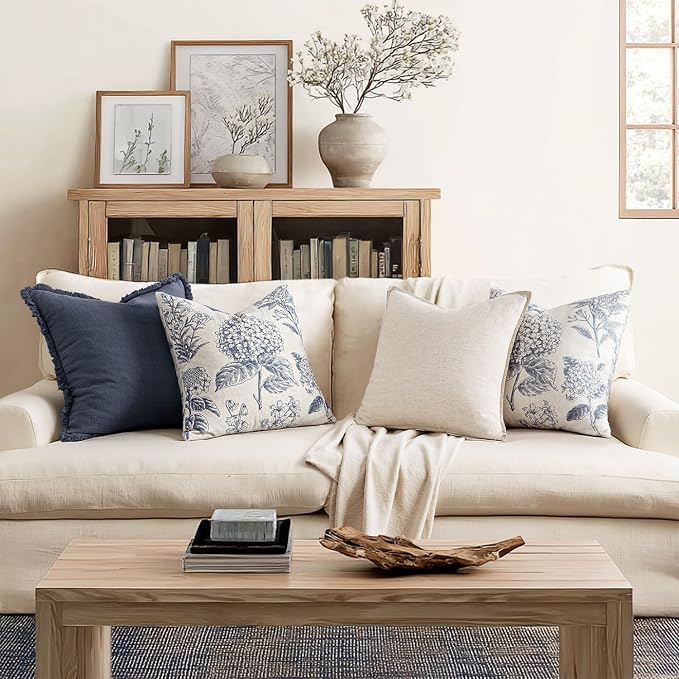 Set of 2 Euro Floral Pillow Covers 24x24 Inch Light Blue | Decorative Neutral Hydrangea Print, Boho Vintage Throw Pillows, Cottagecore Home Decor, for Sofa Couch Porch Bed Living Room