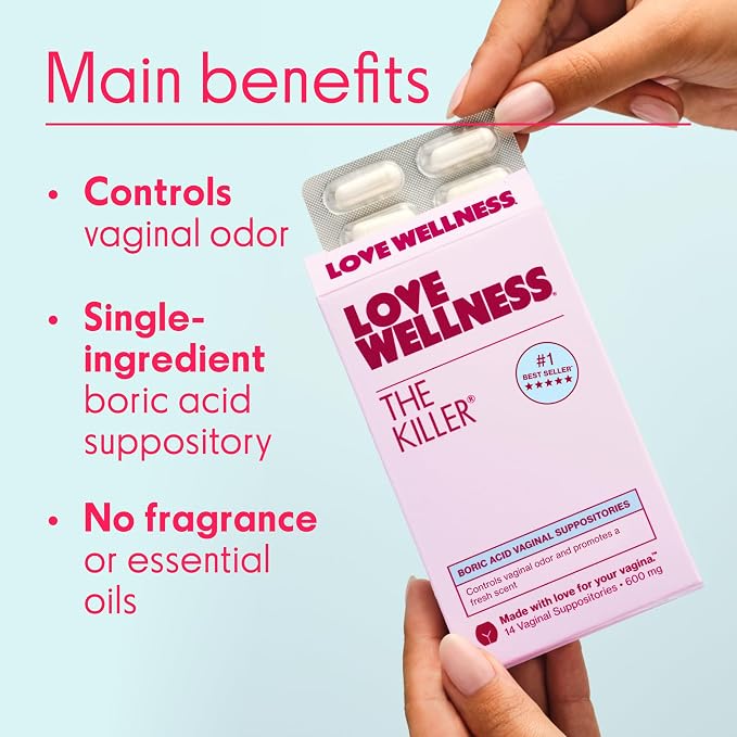 Love Wellness The Killer | 600mg Boric Acid Vaginal Suppositories | Balances pH & Supports Odor Control, a Healthy Vaginal Balance | Fast-Acting & Fragrance-Free | Gentle & Effective | 28 Ct