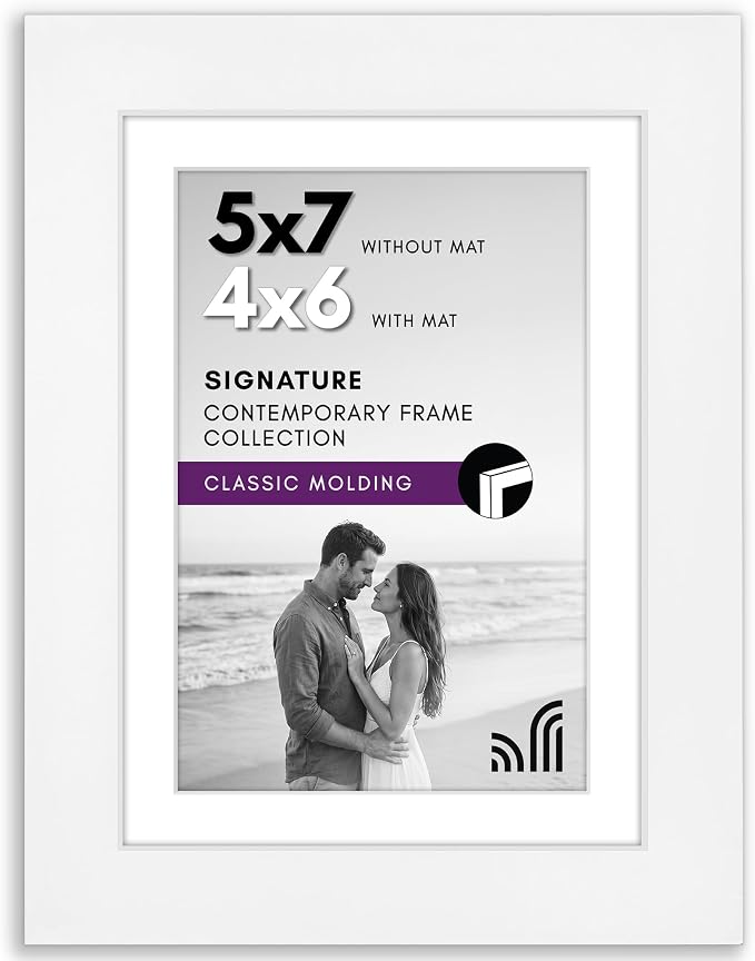 Americanflat 5x7 Picture Frame - Matted to 4x6 - Engineered Wood - White | Shatter-resistant glass, wall or tabletop display with included easel, sawtooth hangers included, use with or without mat