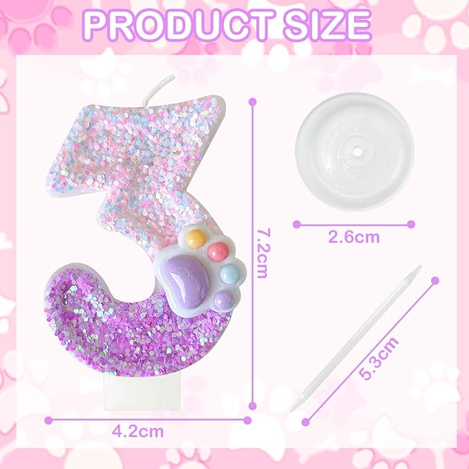 Pink Cat and Dog Paw Birthday Number Candles, Cupcake Decorations, Dog Theme Candles, Suitable for Party Celebrations, Birthday Decoration Supplies (Number 3)