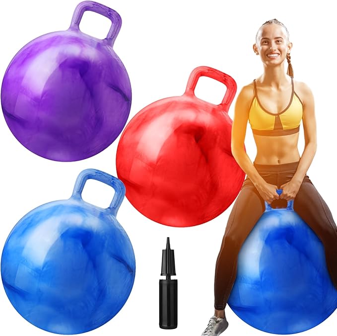Libima 3 Pcs Hopper Ball 25 Inch Outdoor Bouncy Balls with Handles Marbling Color Bounce Balls Inflatable Jumping Hopping Ball with Air Pump for Indoor School Games Sports Supplies, 3 Colors