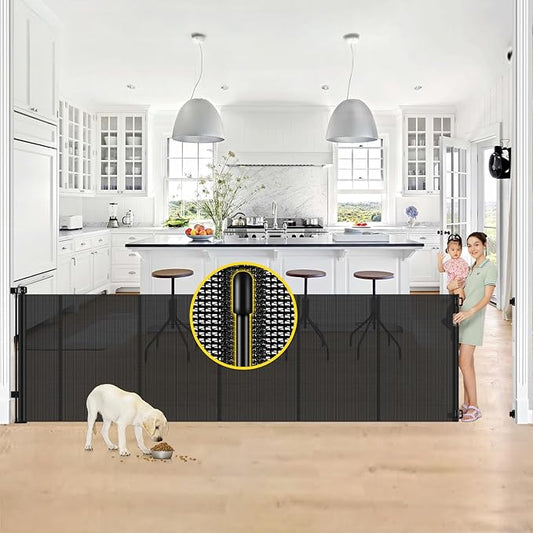 Reinforced 42” Tall x 130” Extra Wide Retractable Baby Gates Extra Tall Pet Gate for Wide Openings Long Dog gate with Rods to Prevent Crawling Through, Dog Gates for Doorways Indoor Outdoor, Black