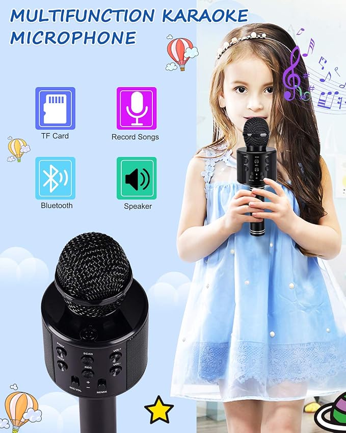 Kids Toys Age 3-12, Karaoke Microphone for Kids Birthday Presents Gifts for 5 6 7 8 9 10 11 12 Year Old Girls Boys Toys for 4-11 Year Old Girl Boy Teen - Black
