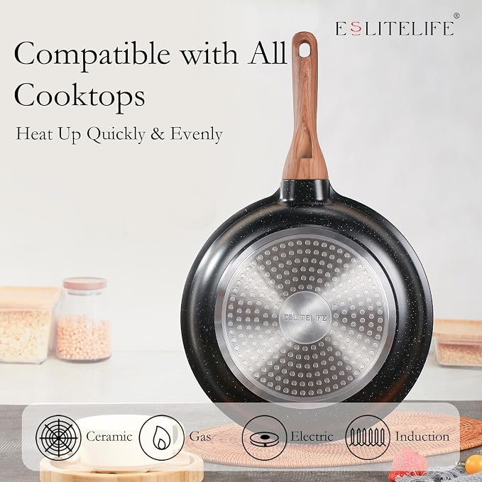 ESLITE LIFE Nonstick Ceramic Frying Pan Skillet with Lid, Non-Toxic Egg Omelette Kitchen Cooking Pans Compatible with All Stovetops (Gas, Electric & Induction), PTFE & PFOA Free (Black, 8" w/Lid)