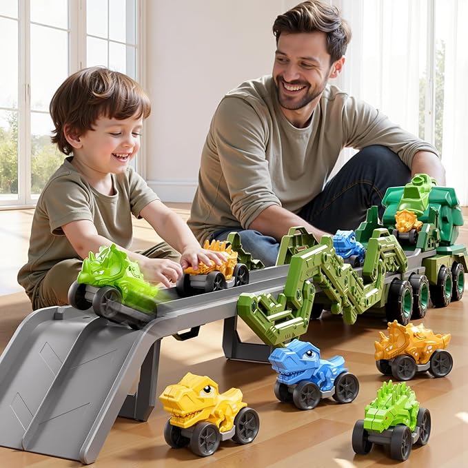 Toddler Car Truck Toys for Kids Ages 3-5, 10-in-1 Dinosaur Carrier Truck with Foldable Track Toys with Spray, Light & Sounds and 9 Dino Cars, Birthday Gift for 3 4 5 6 7 8 Years Old Boys Girls