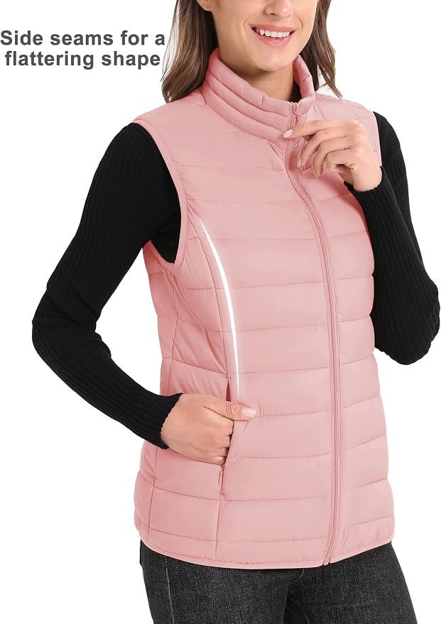 MAGCOMSEN Women's Puffer Vest Lightweight Stand Collar Zip 4 Pockets Puffy Vests Sleeveless Quilted Padded Outerwear