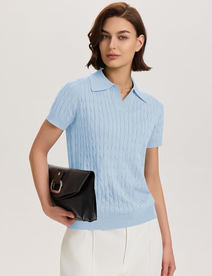 Micoson Womens Short Sleeve Sweater Tops Lapel V Neck Polo Shirts 2026 | Summer Cable Knit Loose Blouses, Business Casual Outfits