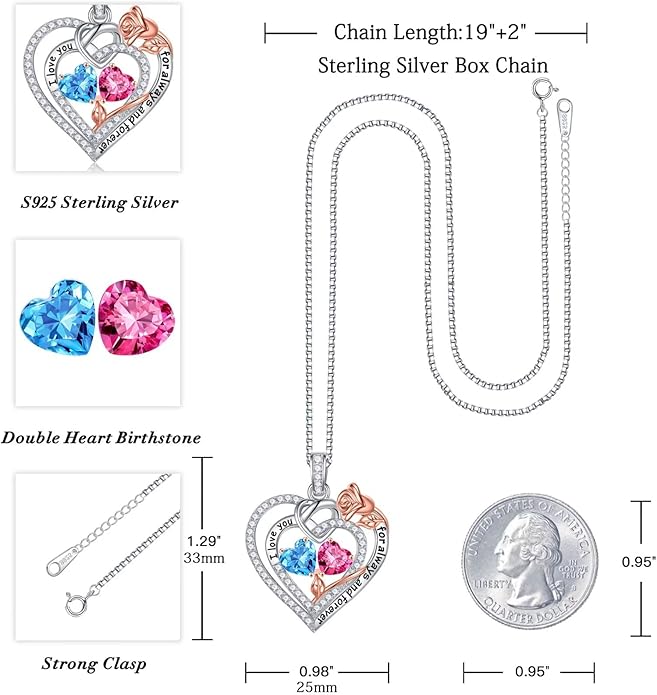 Iefil Valentines Day Gifts for Her Wife - 925 Sterling Silver Double Birthstone Necklace, Anniversary Birthday Gifts for Women, Jewelry Gift for Wife Girlfriend Mom Her