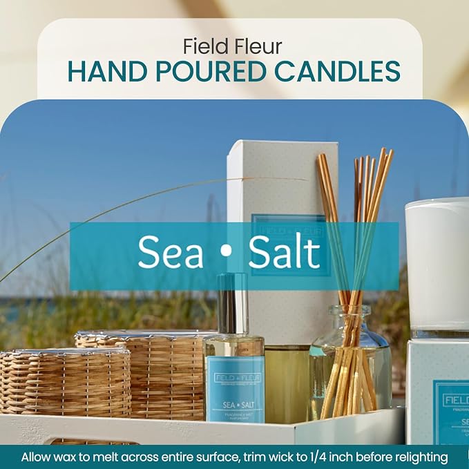 Sea Salt Scented Candle – Luxury 12oz Soy Wax, 2-Wick Handwoven Glass Jar, Blend of California Lemon, Water Lily, White Jasmine, Driftwood & Rosewater -75+ Hour Clean Burn, USA Made