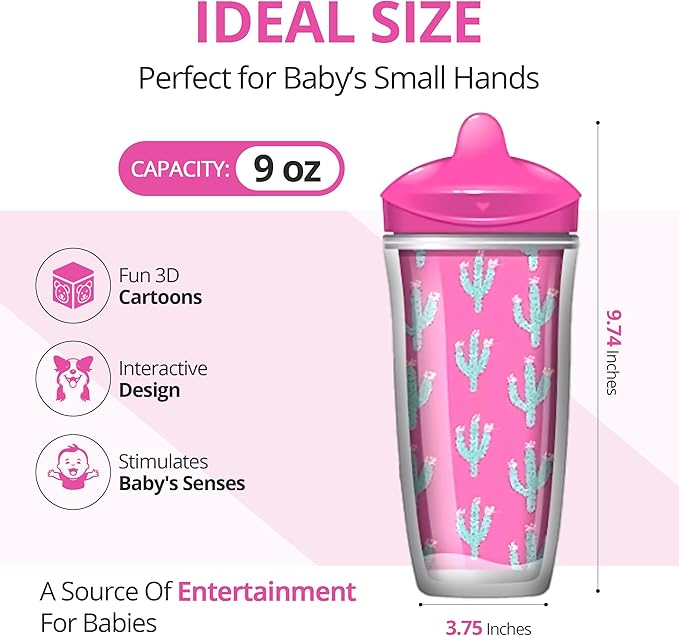 Playtex Baby Sipsters Hard Spout Sippy Cup for 12+ Months, 9 Ounce (2 Count), Pink Rose & Cactus Design, Insulated Toddler Water Bottle for Kids, Spill-Proof Cups for Toddlers 1-3, Stage 3