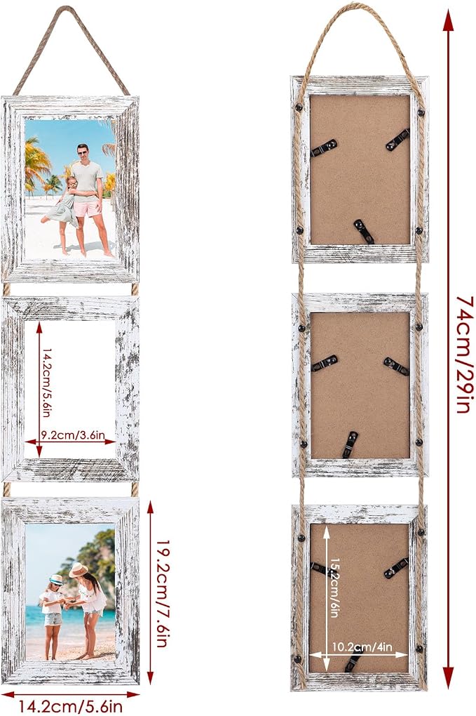 QUTREY Collage Picture Frames 4x6, 6 Openings Hanging Photo Frame Set for Vertical 4 by 6 inch Pictures for Wall, Distressed White, 2 Pack
