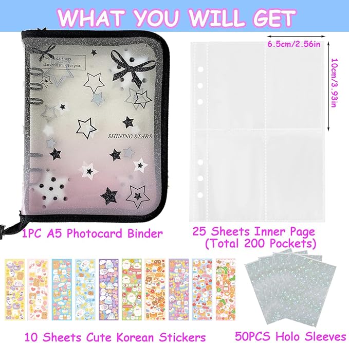 Kpop Photocard Binder Kpop Photocard Holder Book with 50pcs Holographic Photocard Sleeves&10 Korean Stickers, 6 Ring A5 Binder Photocard Album 25 Inner Pages with 200 Pockets (Black Heart)