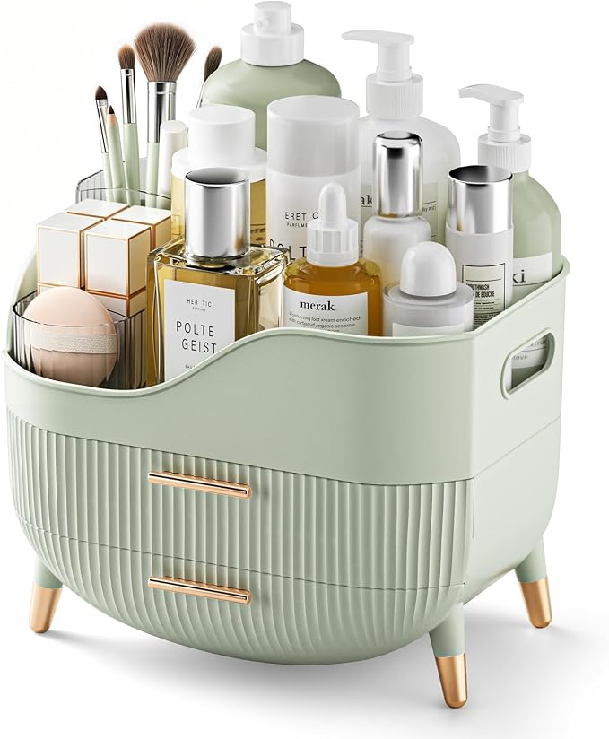 Pajiriona Makeup Organizer with Drawers, Green Skincare Organizer for Vanity, Storage Box with Handle, Large Cosmetic Display Case for Dresser, Bathroom Countertop