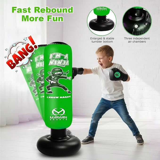 Marwan Sports 5-in-1 Inflatable Punching Bag for Kids – 63" Karate Toy Set with Boxing Gloves, Durable Fast Rebound, Active Play Christmas/Birthday Gift for Boys & Girls Ages 4-12