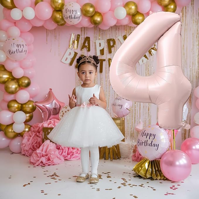 Foil 4 Balloon, Dusty Light Pink Big Number 4 Balloons for Girls Birthday Party Decor, 40'' Self Inflating Number Four Pastel Blush Baby Pink Balloon for Kids 4th Birthday Party Anniversary Decoration