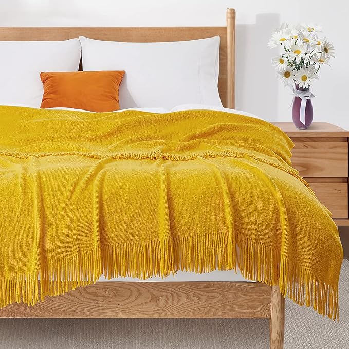 Homiest Mustard Yellow Knitted Throw Blanket with Fringe, 50x60 Inch | Pure Acrylic, Lightweight & Breathable, All-Season Use, Machine Washable, Wrinkle & Fade Resistant, for Couch Sofa And Bed