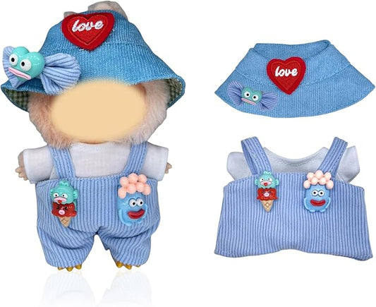 [3 in 1] 17cm Doll Clothes(NO Doll), Cute Dolls Outfit Accessories with Blue Overalls Ice Cream Small Kawaii Clothes Set for Dolls (Style 4)