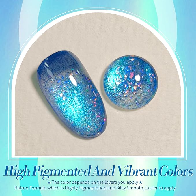BORN PRETTY Blue Cat Magnetic Eye Gel Nail Polish Shimmer Glitter Holographic Aurora Blue Magnetic Gel Polish Nail Art Manicure DIY at Home 15ML