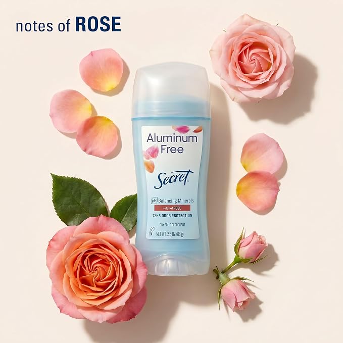 Secret Aluminum Free Deodorant for Women, 48hr Odor Protection, Free of Parabens Dyes Talc & Baking Soda, PH Balancing Minerals, Dry Solid, Rose Scent, 2.4 oz (Pack Of 3)