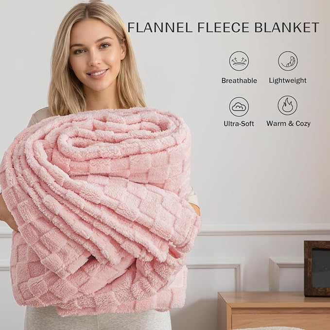Exclusivo Mezcla 3D Checkered Fleece Throw Blanket for Couch, Pink | Super Soft and Cozy Fluffy Throw, Lightweight and Breathable, Cute Fuzzy Blanket for Sofa, Home Decor, All Season, 50"x60"