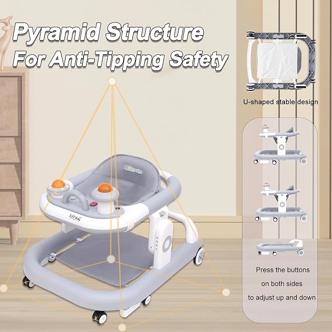 5-in-1 Baby Walker with Wheels Foldable Height-Adjustable Walker for Baby Boy 6-12 Months with Feeding Tray Multi-Functional Activity Center Battery-Free Function (Grey)