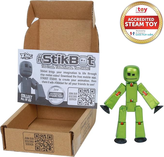 Zing StikBot Single Pack - Includes 1 StikBot - Collectible Action Figures and Accessories, Stop Motion Animation, Ages 4 and Up (Metal Olive)