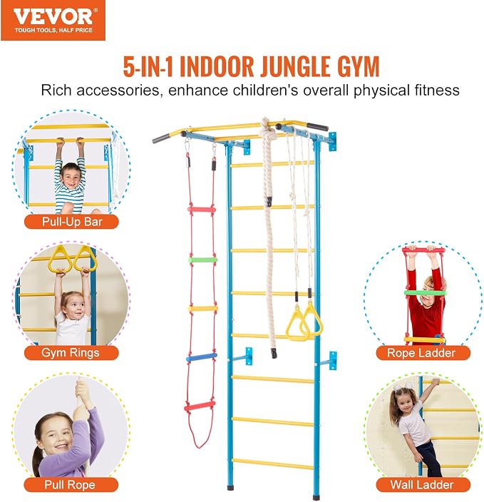 VEVOR Indoor Jungle Gym for Toddlers, 5-in-1 Climbing Playset with Carbon Steel Swedish Ladder, Wall Ladder, Pull-Up Bar, Rope Ladder, and Gymnastic Rings, Supports 220 lbs, Multicolor