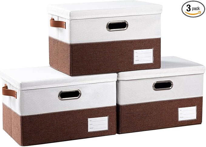 Foldable Storage Bins with Lids [3-Pack] Fabric Collapsible Storage Boxes Baskets Cubes Containers with Handles for Closet Living Room Bedroom (Brown & White 14.9x9.8x9.8'')