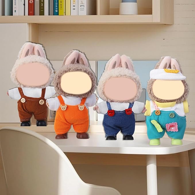 Doll Clothes for Labubu,Cute Outfit for 17cm Doll Clothe 2/3PCS Clothes and Hats Stylish Dolls Clothe for 17 cm Labubu,Casual Style Costumes for Labubu Dolls (Four-Color Overalls Set 4)