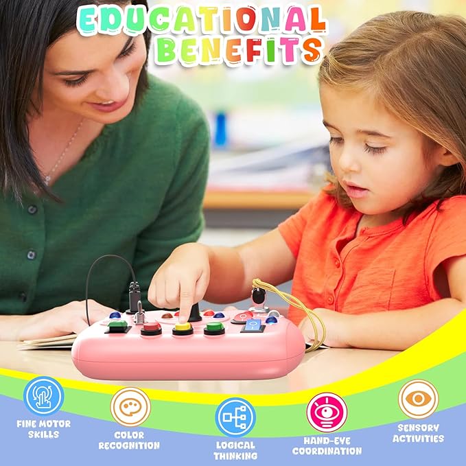 Toddler Busy Board with Led Light Switch, Travel Sensory Board Montessori Toddlers Toys 1-2 Year Old, Baby Educational Activities Travel Essential Toys Ideal Christmas & Birthday Gift (Pink)