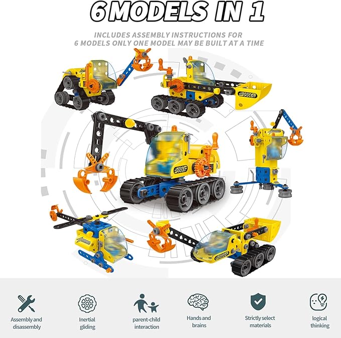 6 in 1 STEM Toys, Engineering Topic Contains 6 Models (Helicopter, Excavator, Bulldozer, etc.) DIY Assembly Disassembly Toys Engineering Building Sets Building Toys