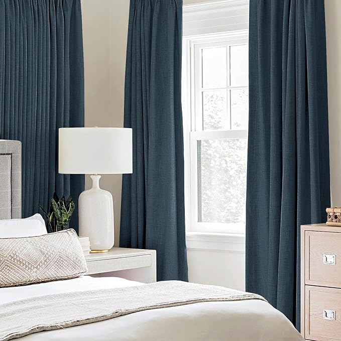 MIULEE 100% Blackout Linen Textured Curtains for Bedroom Solid Thermal Insulated Navy Grommet Room Darkening Curtains & Drapes Luxury Decor for Living Room 52 x 108 Inch (2 Panels)