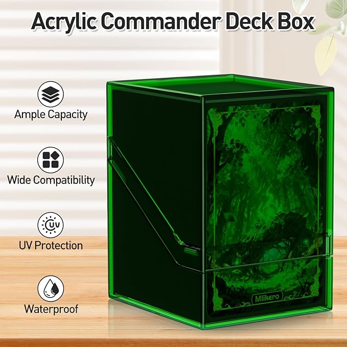 Mlikero Card Deck Cases, Acrylic Commander Deck Box Holding 100+ Sleeved Cards with Dividers, Clear Card Storage Box Fit for MTG, TCG, Sports Cards (Green)